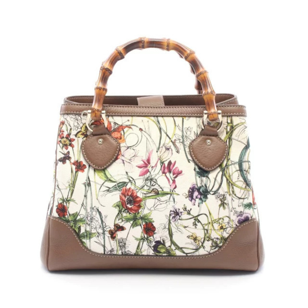 Gucci Diana Bamboo Handbag Canvas Leather Brown Ivory White Multicolor